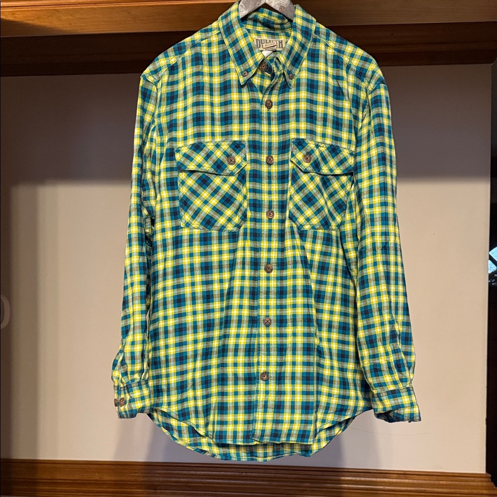 Duluth Trading Co Yellow-green and Blue Plaid Men's Shirt